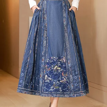 TIYIHAILEY 여성용 롱 맥시 데님 청바지, 중국 스타일, 용수철 가을 탄성 자수 스커트, 무료 배송, 2024 신상 패션