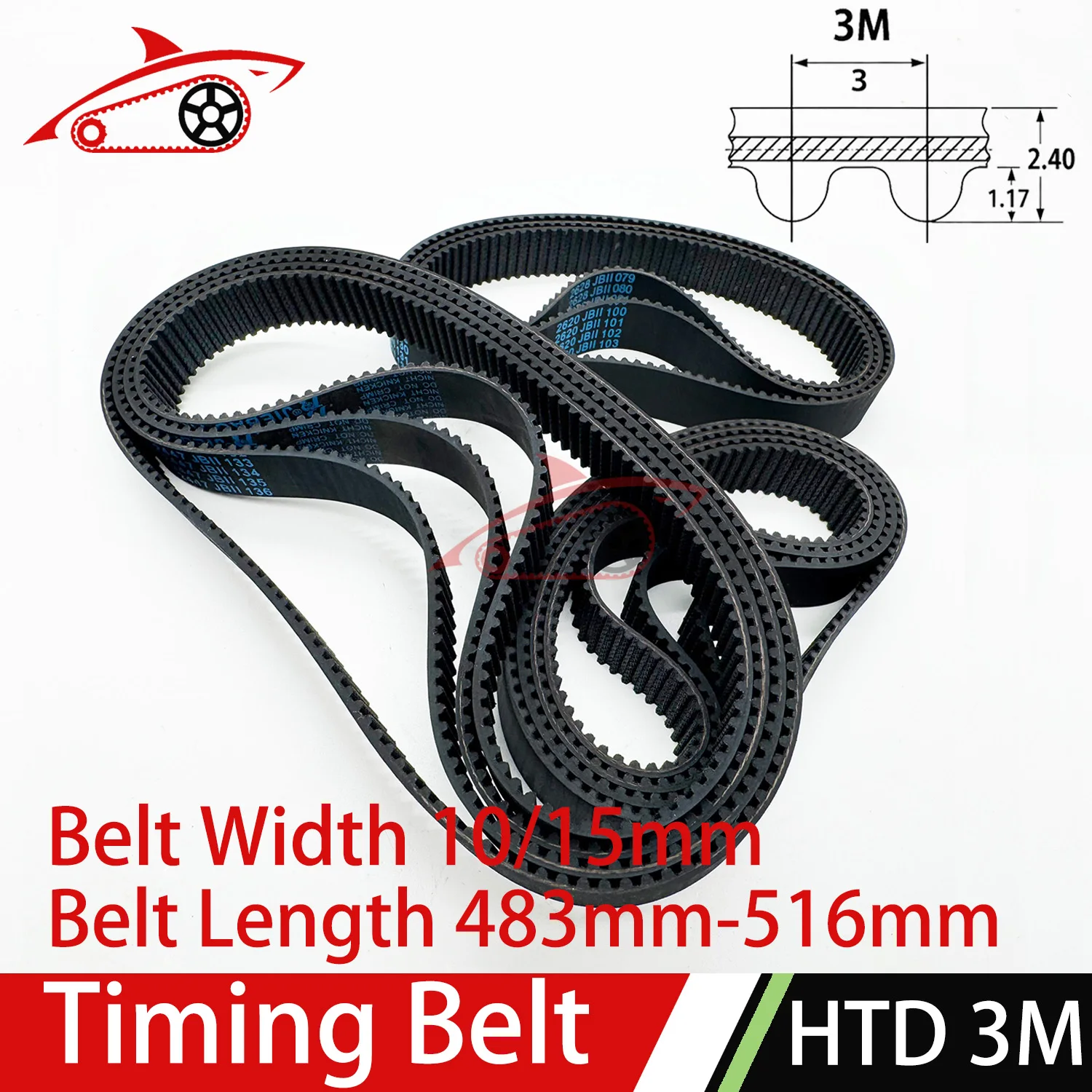 HTD 3M Rubber Timing Belt Width 10/15mm 483/486/489/492/495/498/501/504/507/510/513/516mm HTD3M Closed Loop Synchronous Belt