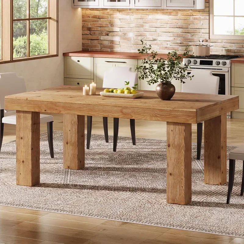 Solid Wood Dining Table for 4-6, 63-Inch Farmhouse Kitchen Table with Heavy Duty Legs, Wooden Rectangular Dinner Tables for