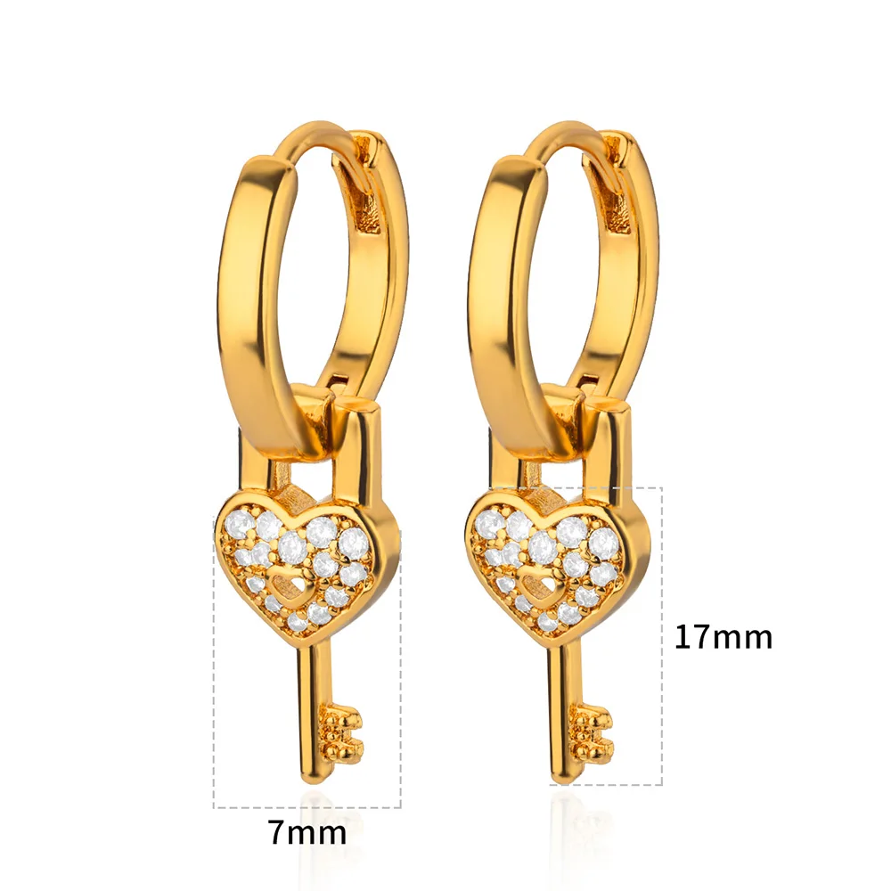 Luxury Heart Key Dangle Earrings for Women Gold Color Stainless Steel Earrings Female Bling Zircon Drop Ear Jewelry aretes mujer