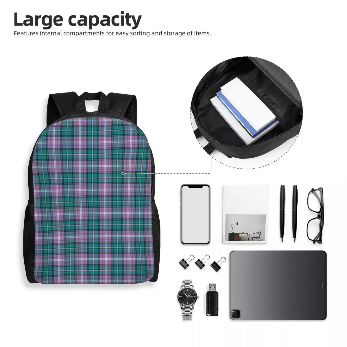 Purple Scottish Tartan Plaid Backpack Student Boys Girls BookBag School Bag Laptop Shoulder Bags