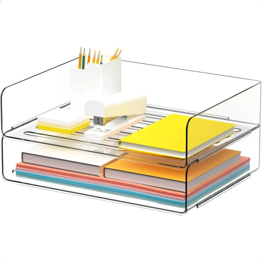 

Desk Organizer Stackable Paper Letter Tray Office Desktop File Paper Holder Book Storage Rack Clear 2 x Wide Entry