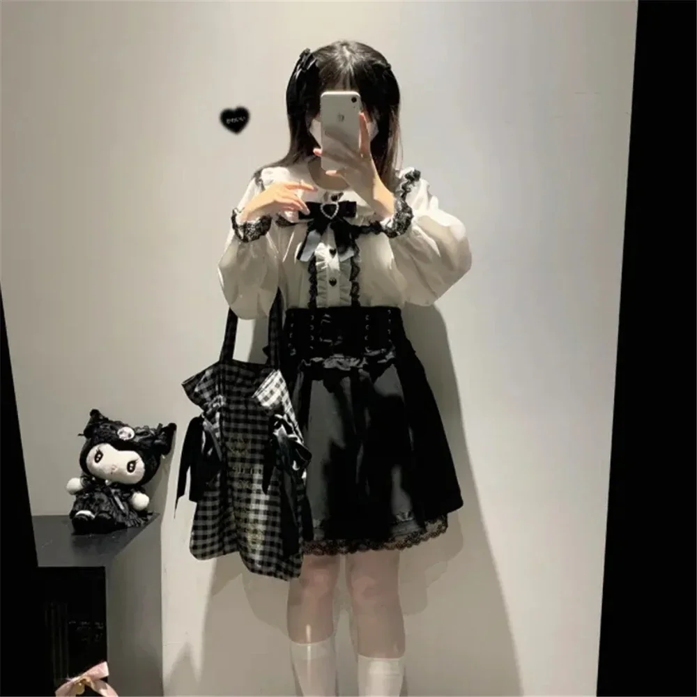 Jirai Kei Peter Pan Kraag Japan Blouse Y2K Lange Mouwen Lolita Crop Top Zoete Patchwork Boog Lente Kawaii Vintage Kant Jk Shirt