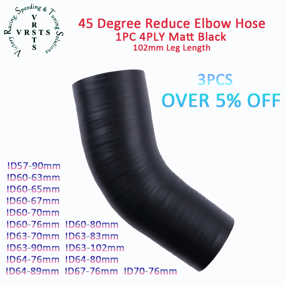 4PLY 45°102mm Length 45 Degree Reduce Elbow Silicone Water Hose ID 57 60 63 64 64 67 70 76 80 83 89 90 102 MM 1PC Matt Black