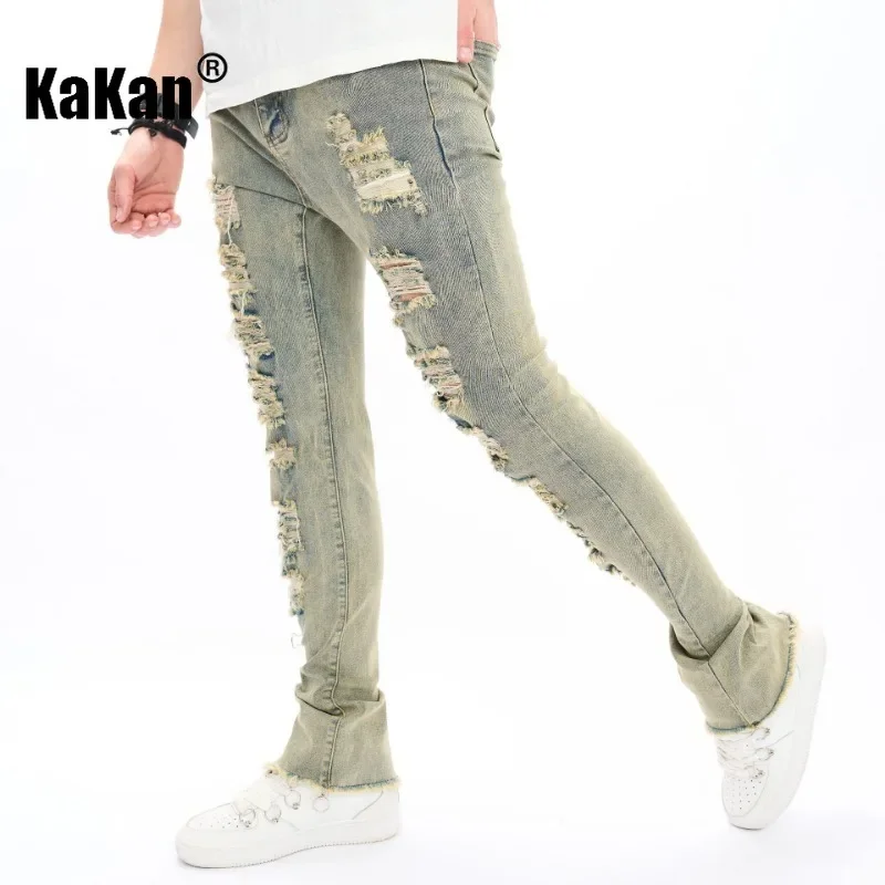 Kakan - European and American New Micro La Cat Whisker Jeans for Men, Yellow Mud Trendy Men's Pants Jeans K49-909