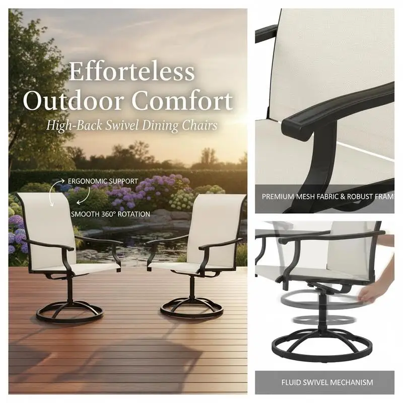 Patio Swivel Chairs Set of 2, High Back Patio Dining Chairs with All-Weather Mesh for Backyard, Lawn, Garden, Cream
