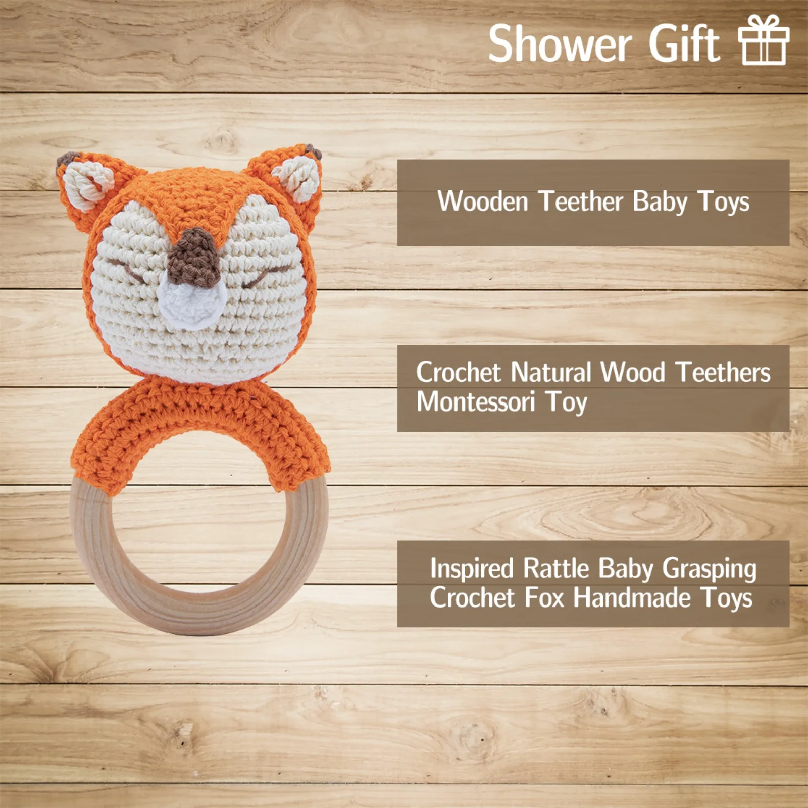 Baby Wooden Rainmaker Rattle Drum with Silicone Teether Stick Newborn Sensory Rain Stick Toy Multi-Function Gift