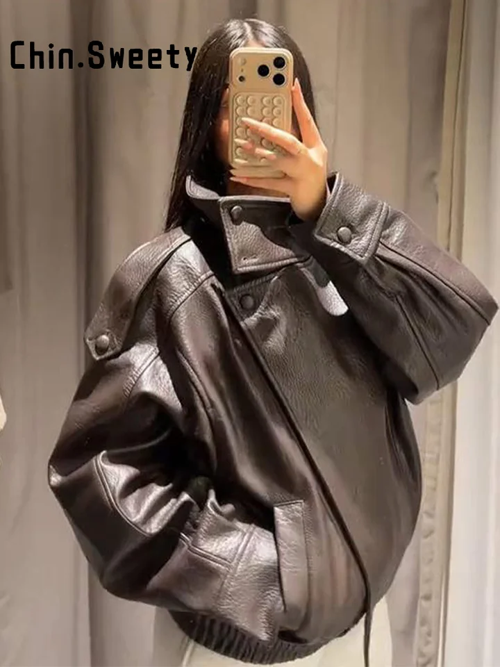Black Asymmetry Buttons Leather Jackets Women Lapel Long Sleeve