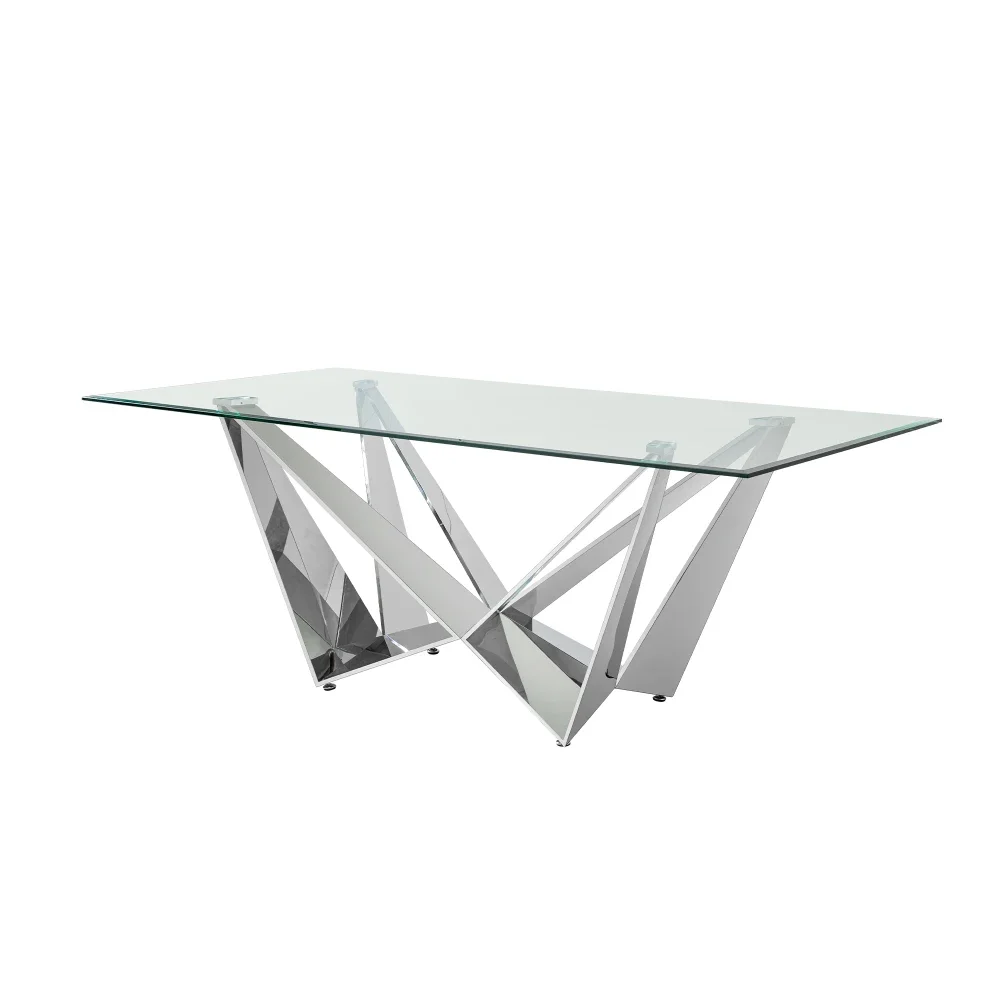 Dining Tables for 6-8 People Clear Glass with Polished Stainless-Steel Dining Table,Rectangular Table,Dining Room Furniture