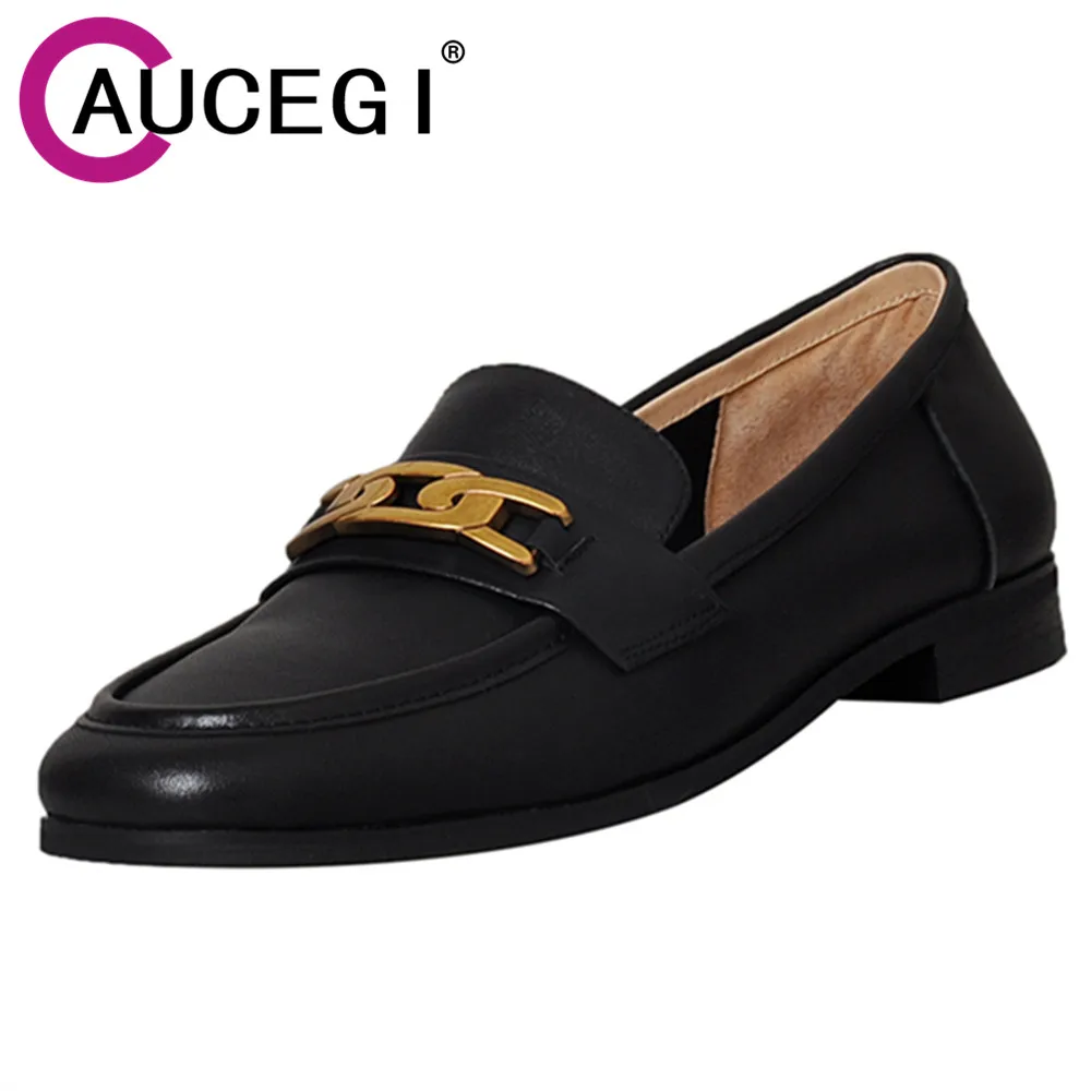 

Aucegi Handmade Genuine Leather Loafers Women Metal Decorations Casual Shoes Classic Style Slip-on Round Toe Block Heel Pumps