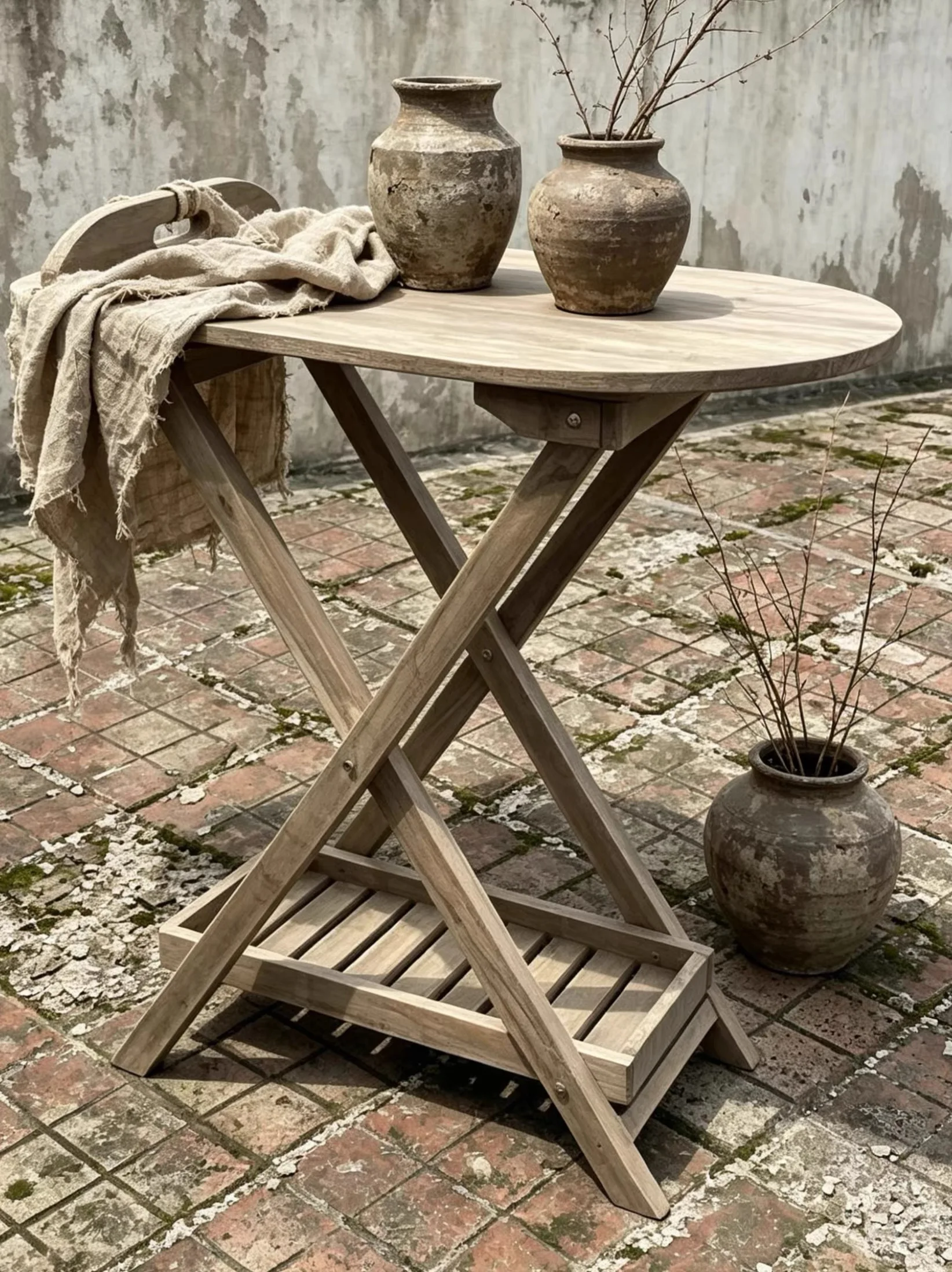 Handmade Rustic Solid Wood Folding Table Vintage Console Serving Display Table with Lower Shelf Farmhouse Indoor Outdoor Decor