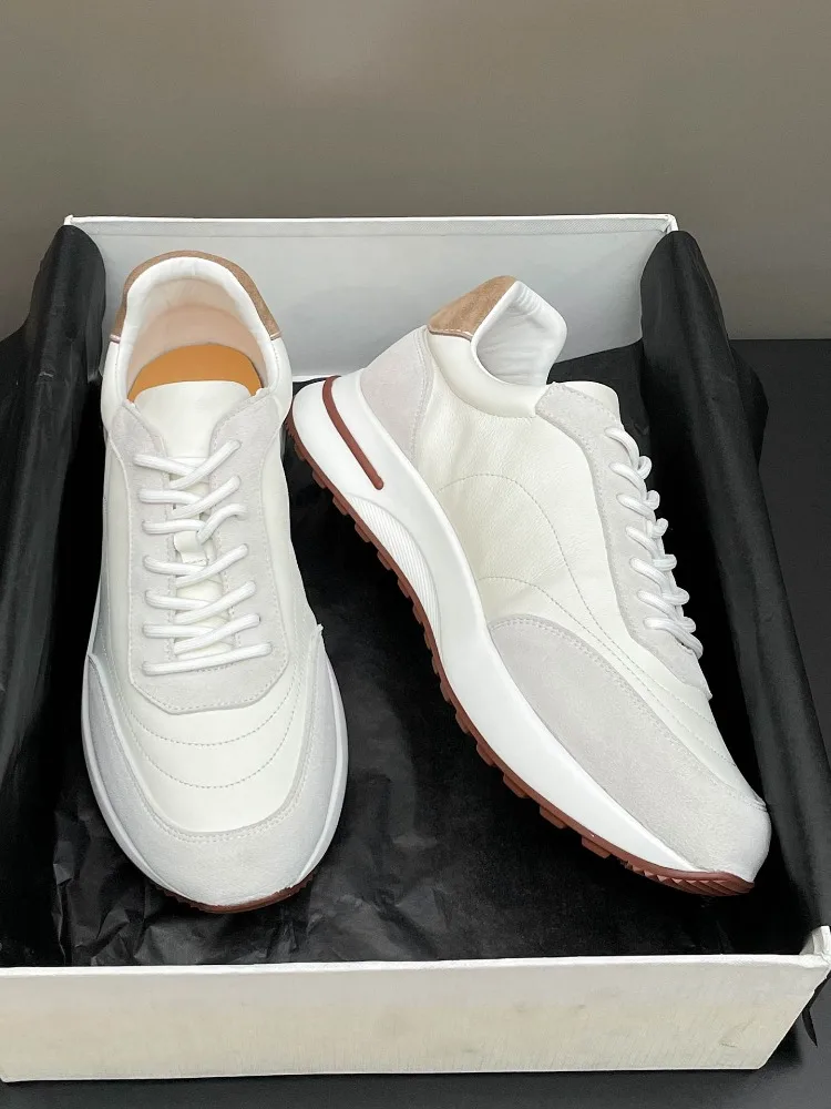 Fashion Men Running Sneakers Genuine Leather Lace-up Thick Platform Sole Lightweight Daily Walking Casual Sports Shoes