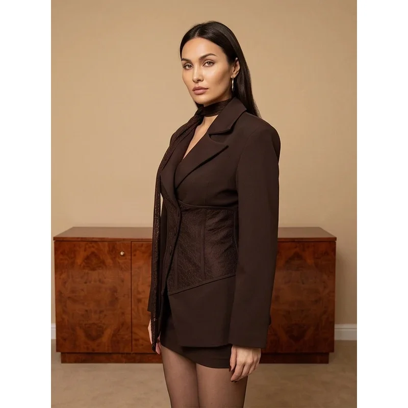 Elegant Lace Spliced Blazer Mini Skirt Set Women Scarf V-neck Waist Cinching Long Sleeve Jacket Retro Chic Party Street Outfits