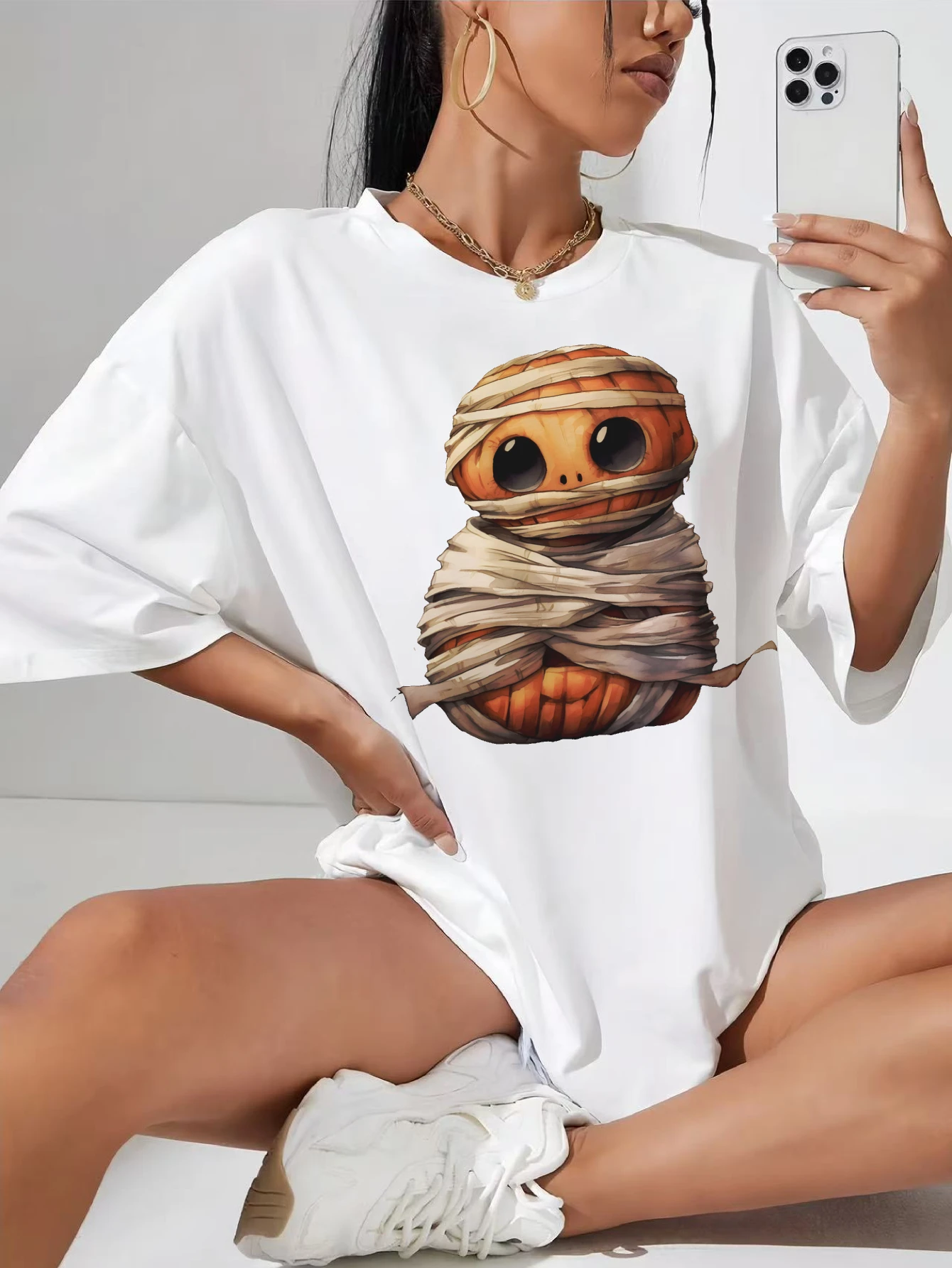 

Страшная белая фестивальная футболка для беременных с тыквой на Хэллоуин, легкая дышащая ткань, круглый вырез, свободный крой