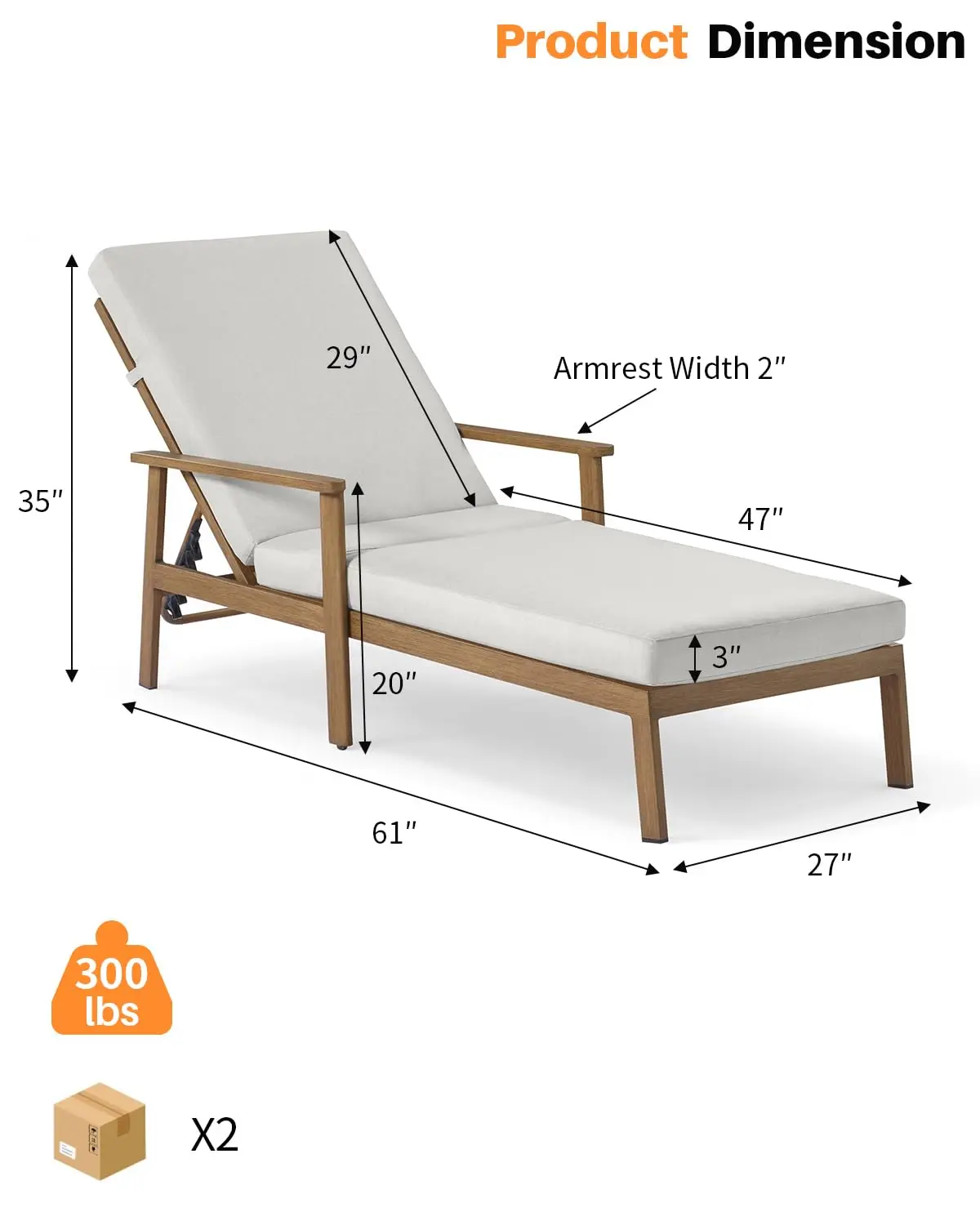 2-Pack Teak Chaise Lounge, Aluminum Pool Patio Chair Set, Customized