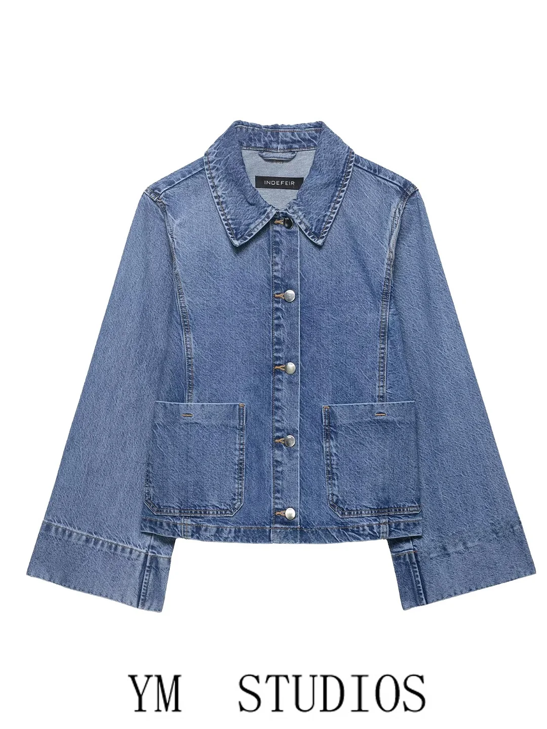 Women's Short Denim Jacket Stand Collar Single Button Pocket Versatile Street Style Snap Button Polyester Fiber Autumn Fashion