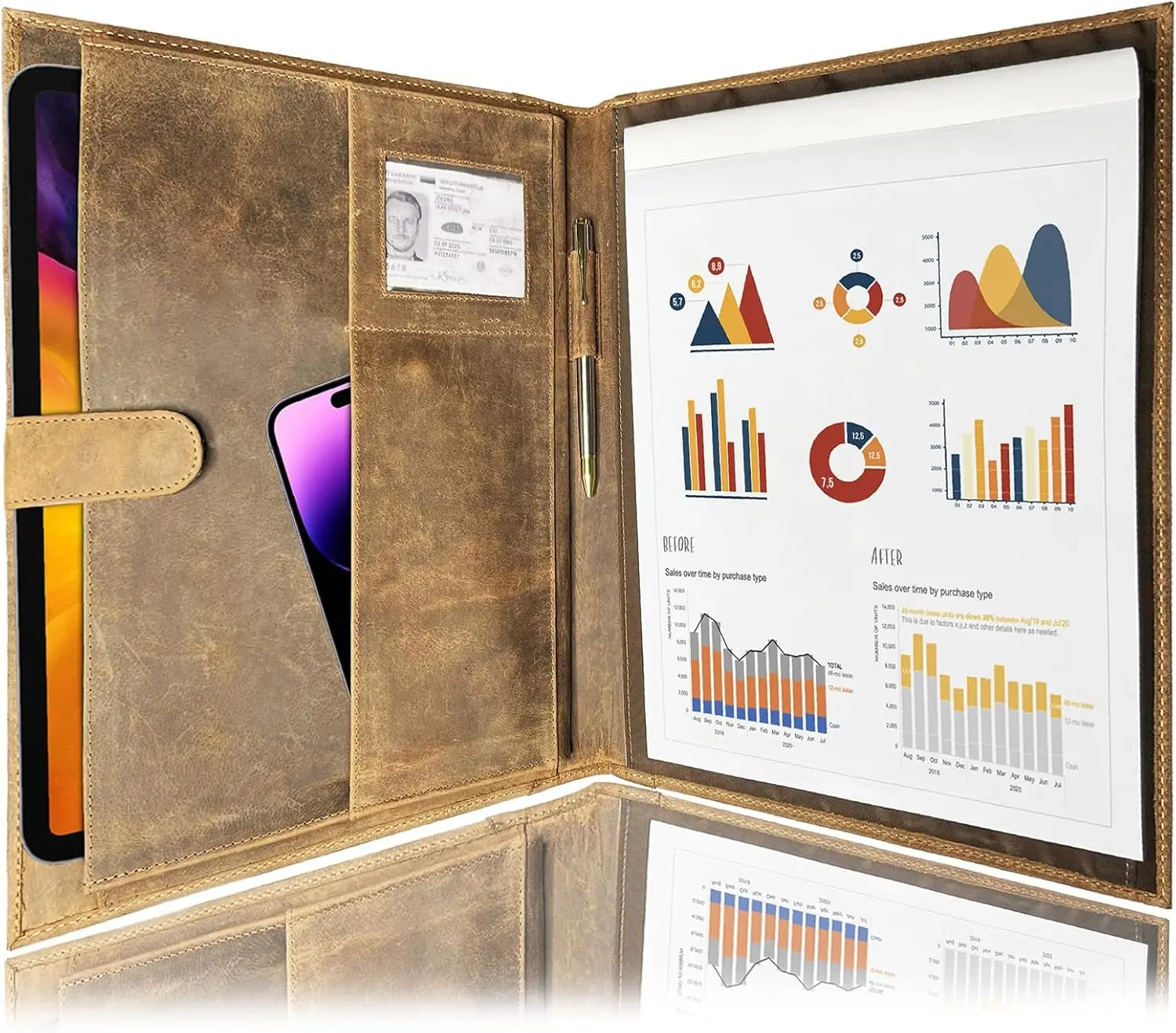 

Professional Leather A4 Conference Folder Organizer for Men and Women with Document Sleeves