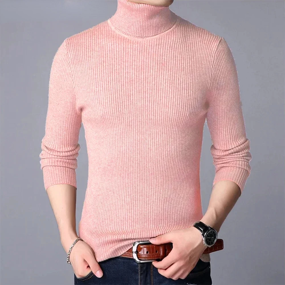 High Quality Men\'s Autumn and Winter High Neck Knit Shirt Slim Fit Long Sleeve Sweater Solid Color Pullover Tops