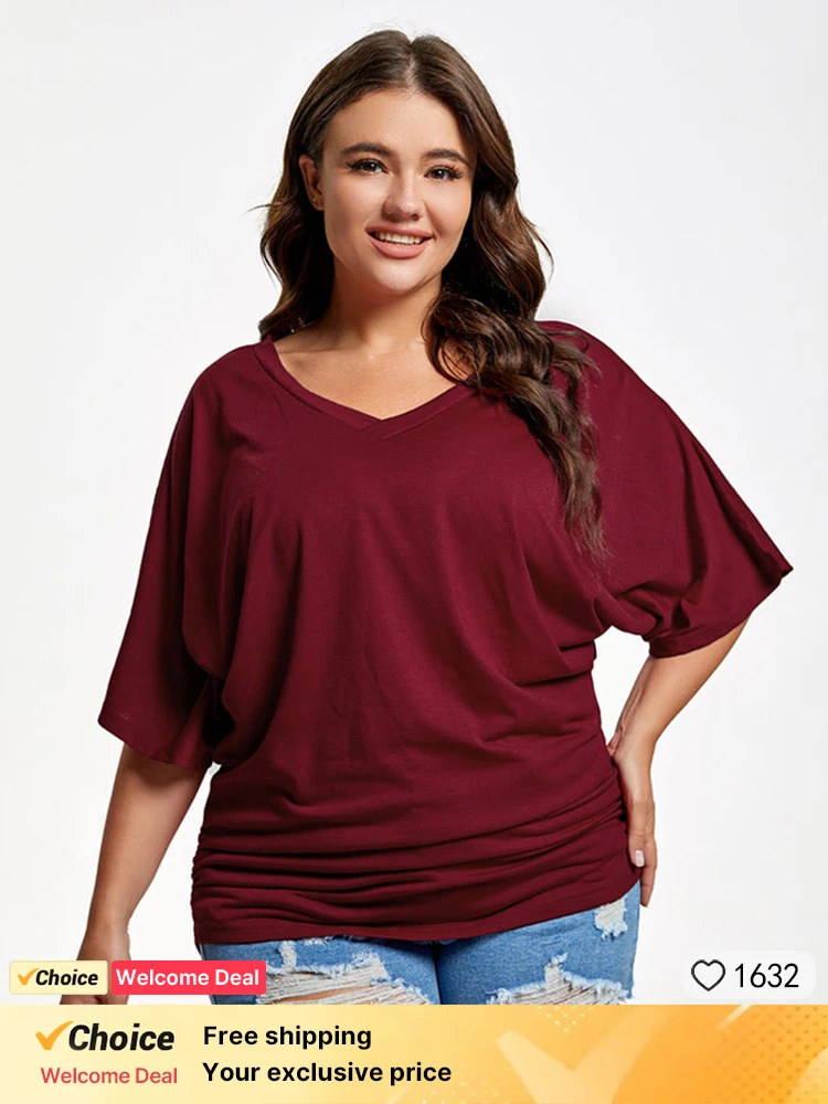 

Plus Sized Clothing Fashion Women Cotton Ruched Batwing Sleeve V-Neck Short Sleeve Female Tee Slim Casual Solid Lady Tshirt Tops