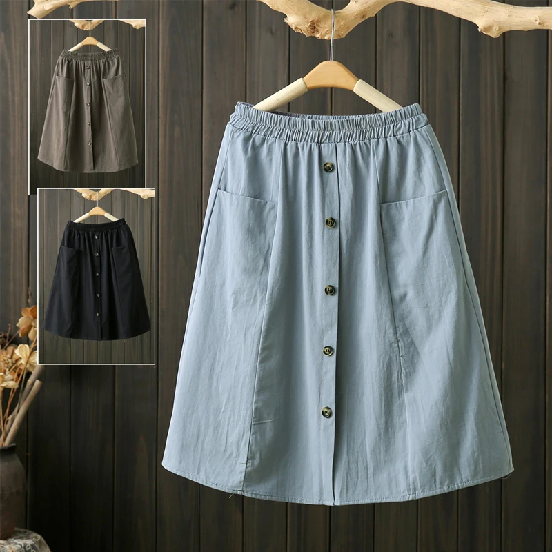 Summer plus Size 200 Pounds Korean Style Slim Fit Single Button Elastic Waist Maxi A-Line Skirt Pure Color  Style Half-l...