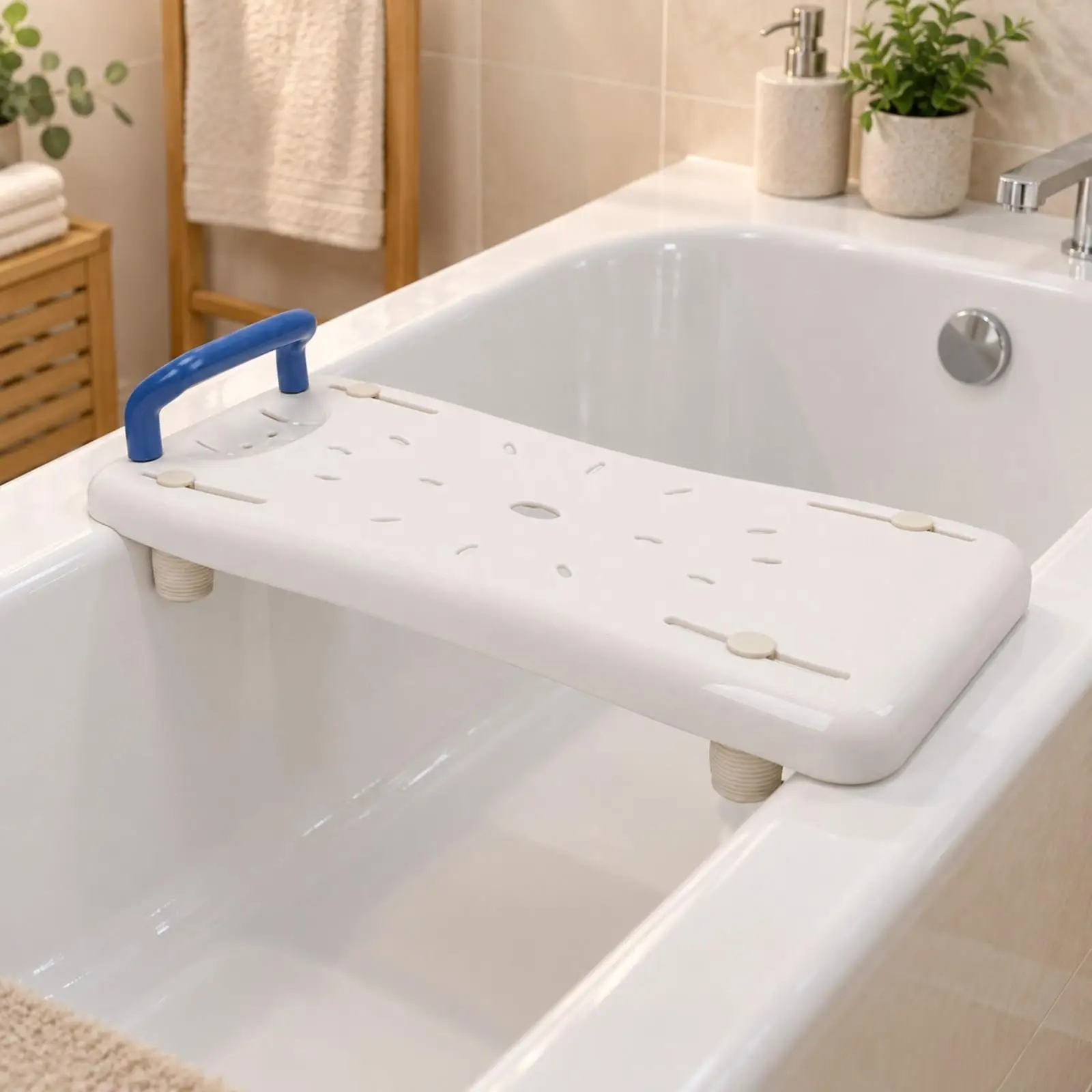 Bathtub Safety for seat with Built in Handle and Drainage Openings for Secure Senior Bathing on Adjustable Tub Board