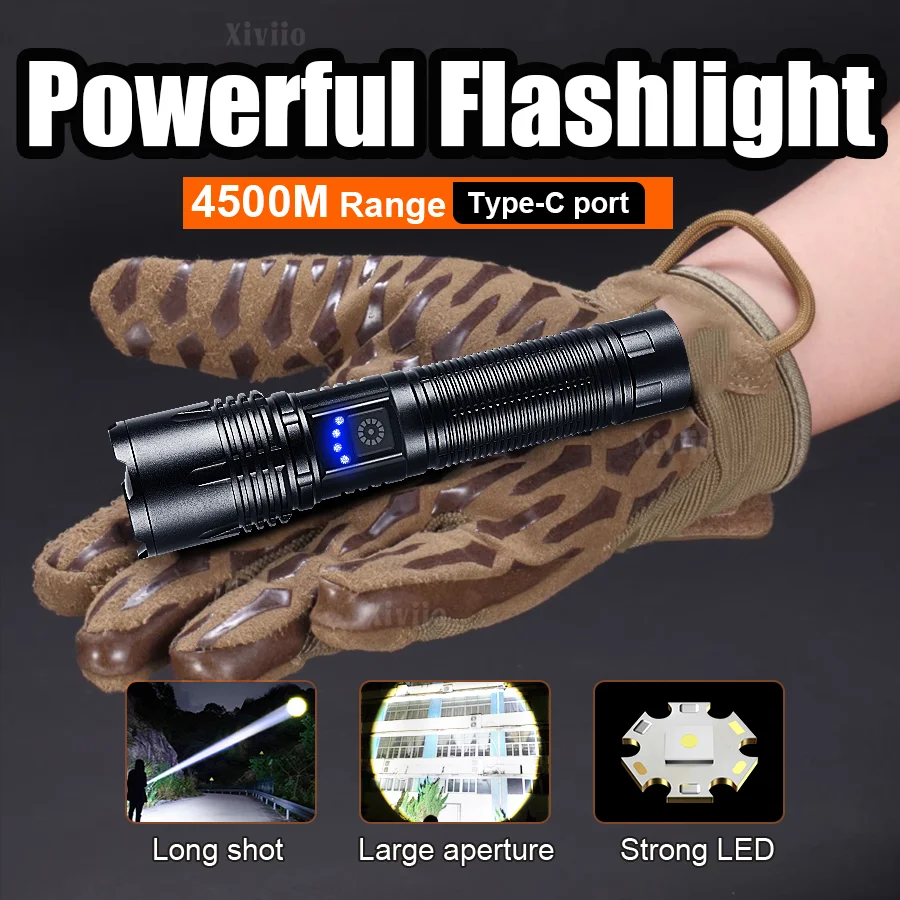 

Ultra Bright Powerful Led Flashlights Waterproof Tactical Torch Type-C USB Charging Camping Fishing Emergency Zoomable Lantern