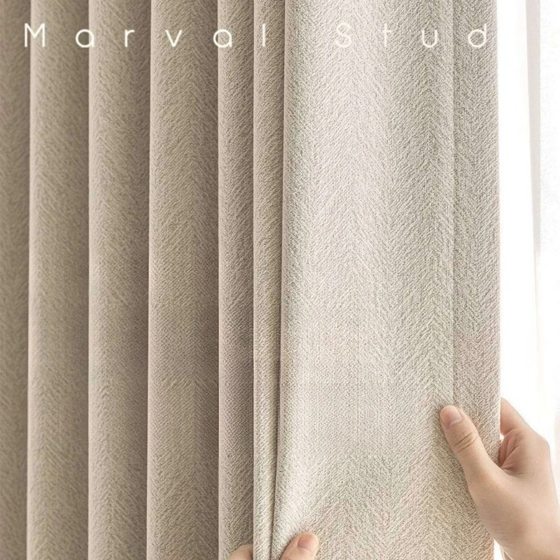 Double-Sided Herringbone Chenille Curtains for Living Dining Room Bedroom Jacquard Weave Soft Texture Cream-Colored Custom Size