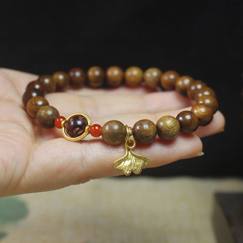 Old golden nanmu wood 8mm bracelet with leaf pendant, women's collectible prayer and Buddhist beads