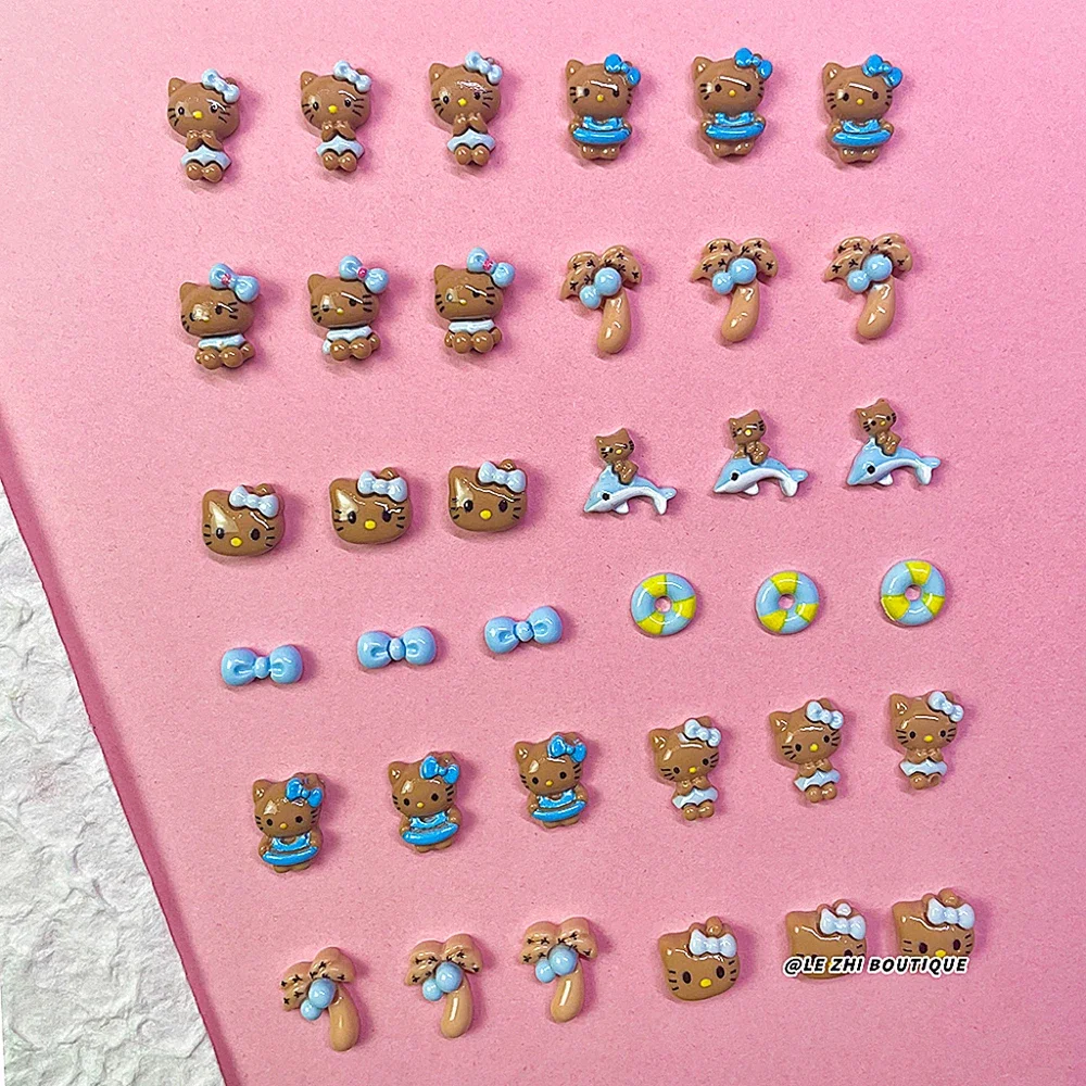 20Pcs Diy Handwork Sanrio Hawaiian Hello Kitty Nail Art Accessories Holiday Black Wine Red Skin Cartoon Resin Nail Decoration