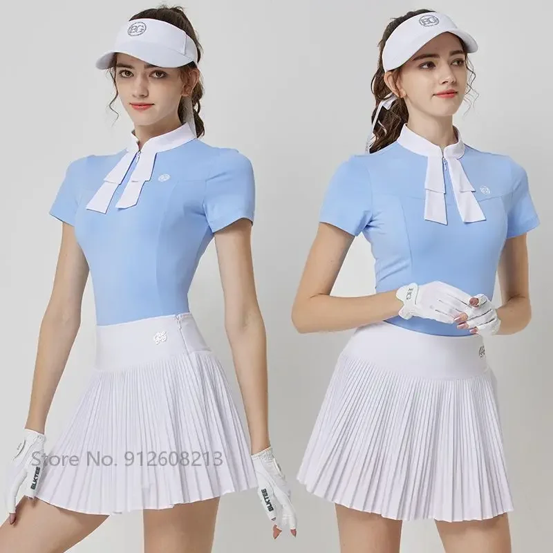 Blktee Women Breathable Golf Shirt With Bow Tie Short Sleeve T-shirt Ladies Elastic Pleated Golf Culottes Quick Dry Skirt Suits