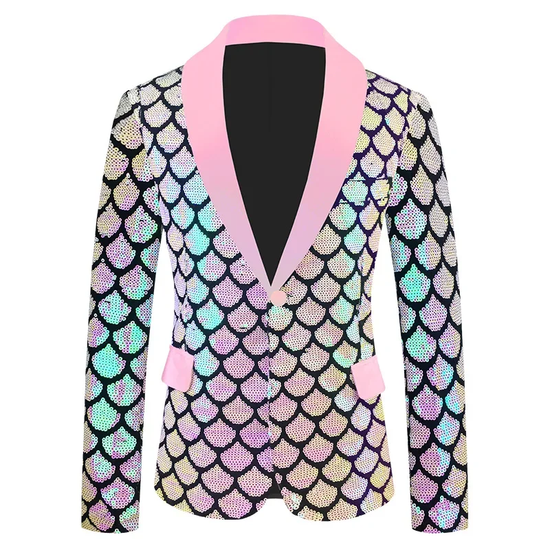 Velvet Phantom Color Reversible Fish Scale Sequin Performance Men Blazer, Green Fruit Collar Wedding Banquet Party Dress Jacket
