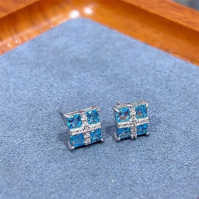 ZECAA Topaz Fine Jewelry Woman Stud Earrings With Natural Switzerland Blue Topaz 3*3mm Stud Earrings Jewelry For Lady Girl Gift