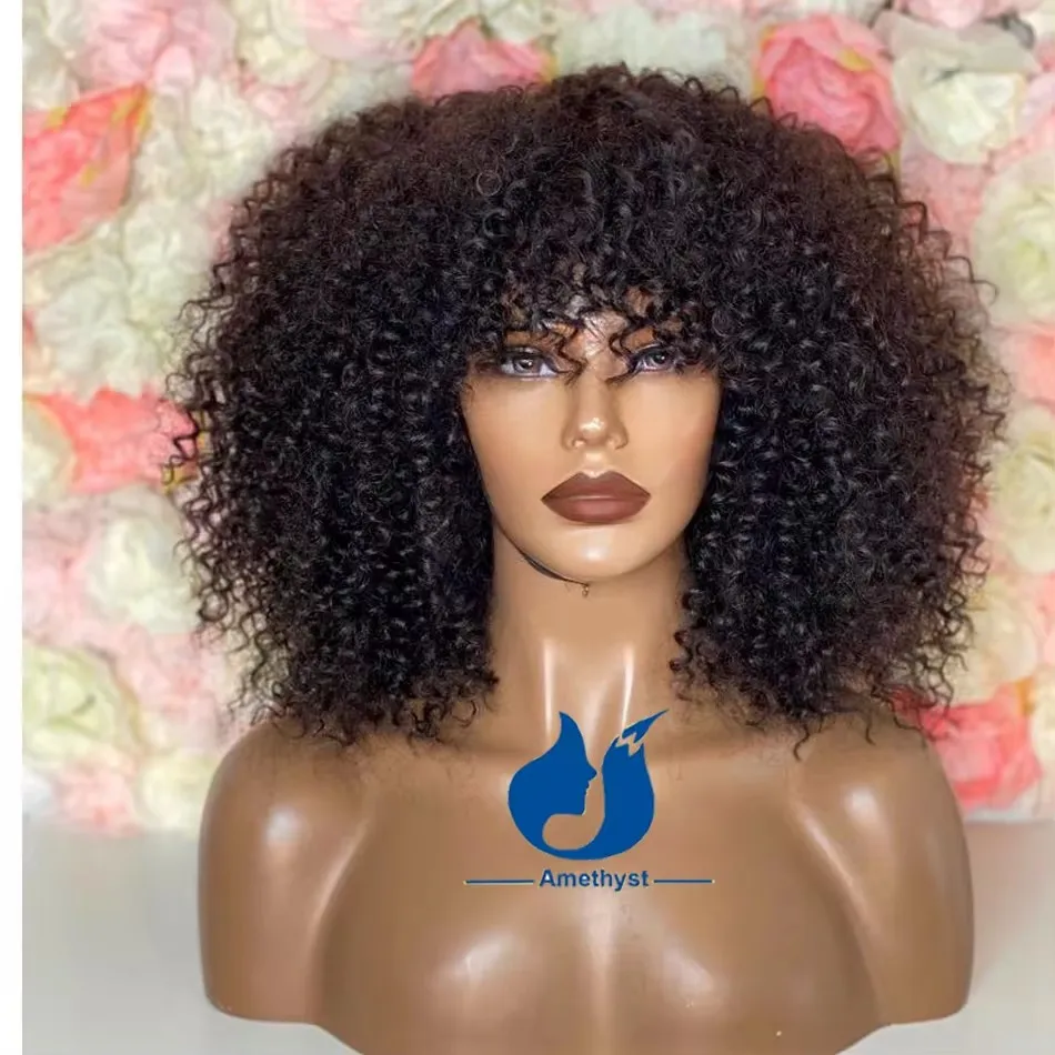 

Amethyst Natural Black Kinky Curly Afro Human Hair Wig with Bangs For Black Women Full Machine Made Wig Scalp Top Remy Big Hair