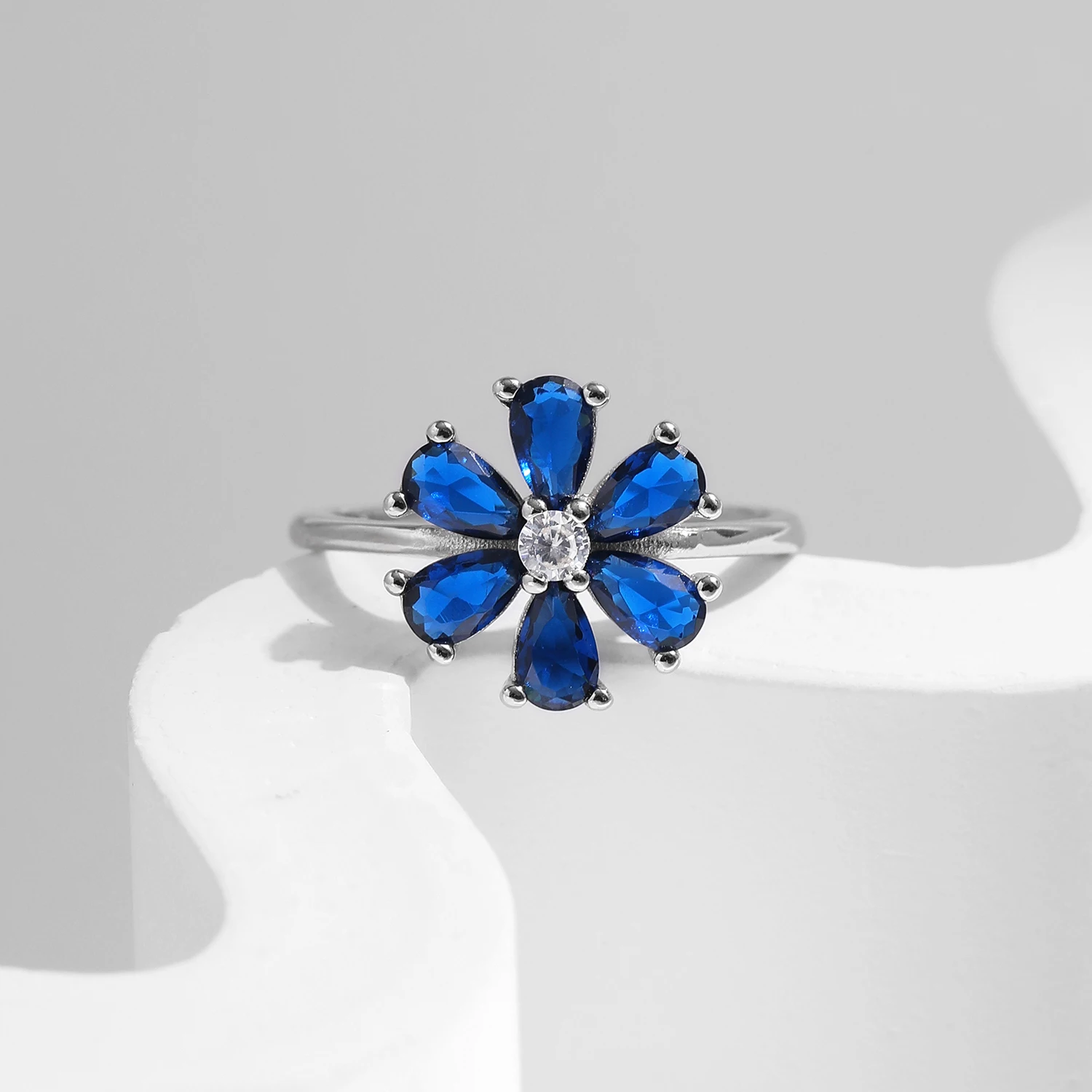 MODIAN 925 Sterling Silver Exquisite Flowers Finger Rings Royal Blue Water Drop Luxury Ring For Women Aniversary Fine Jewelry