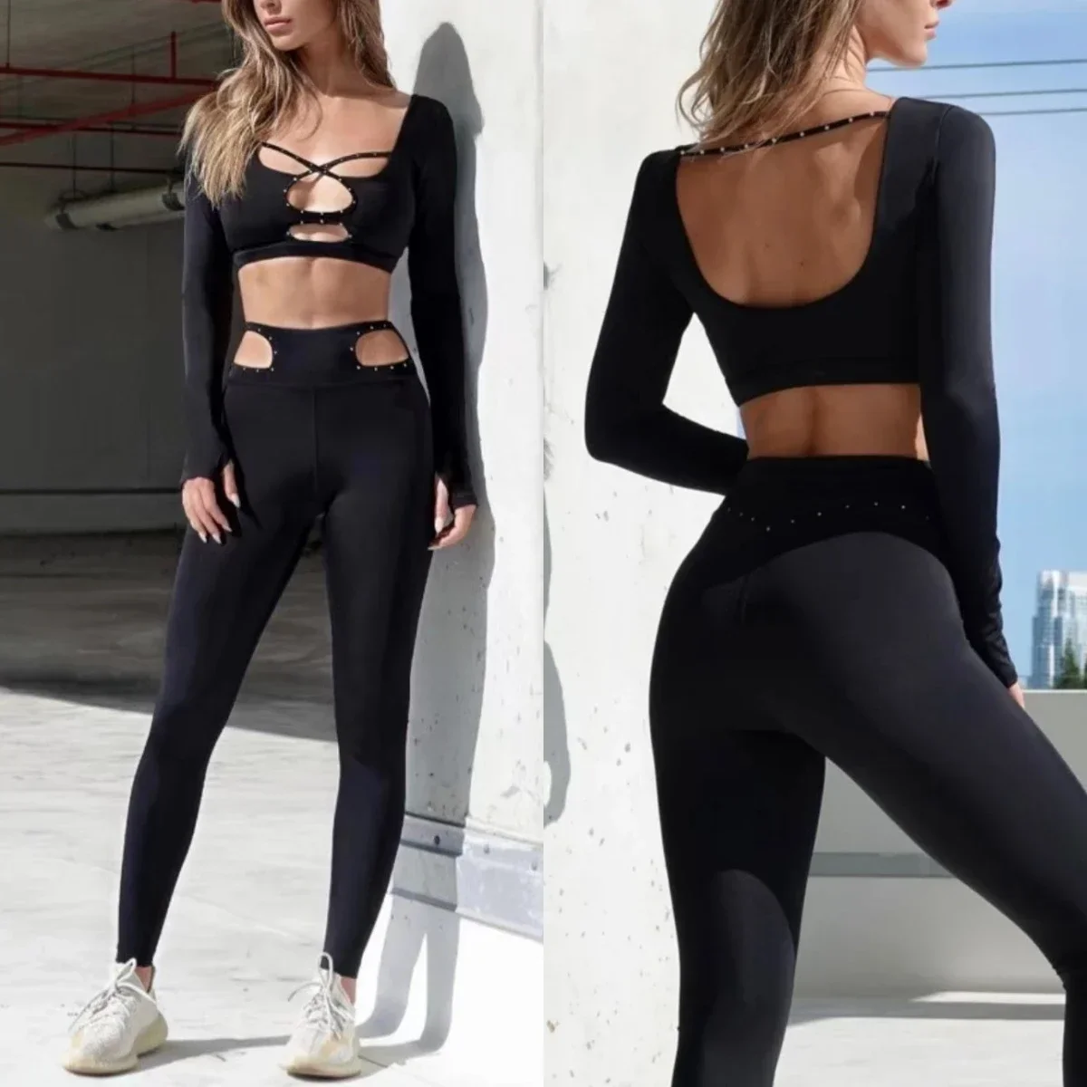 Sexy yoga suit female red and black hollowed-out long sleeve top high waist crop dry sports leggings two-piece set