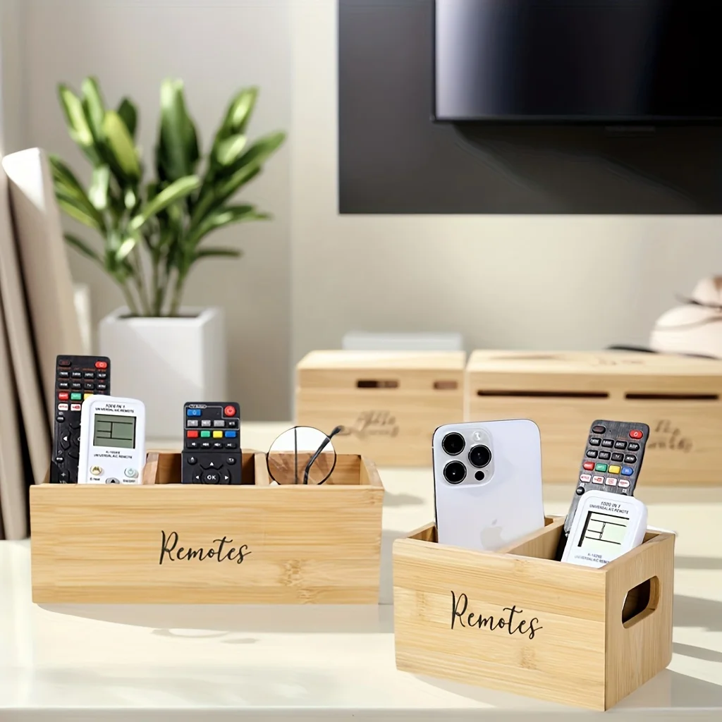 Remote Control Holder, Farmhouse Remote Storage Box, Bedside TV Controller Caddy, Rustic Wood Media Organizer Tray for Home