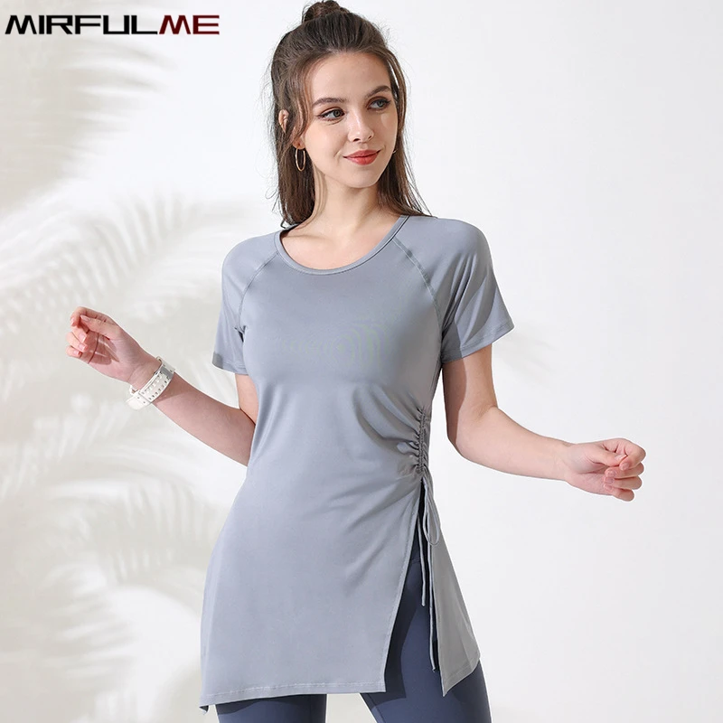 

Summer Women Yoga Shirts Forked Short Sleeves Sports T-Shirt Sexy Bandage Running Shirt Quick Dry Gym Fitness Tops Blouse Female