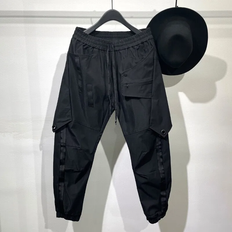 Avant-Garde Dark Series Retro Punk Stitching Loose Tappered Overalls Street Style Solid Color Multi-Pocket Casual Trousers