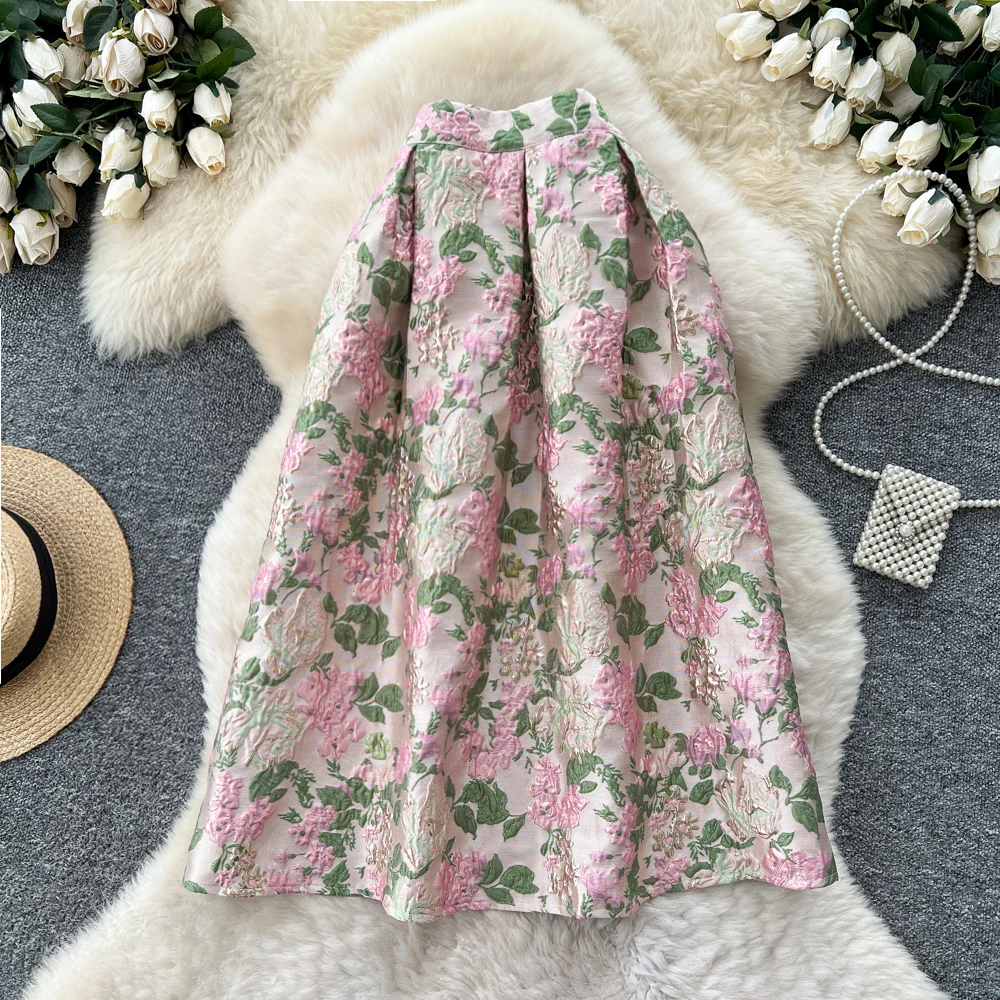 Clothland Damska Spódnica w Kwiaty z Elastyczną Gumką w Pasie, Krój A, Europejski Styl, Elegancka, Długość Midi do Połowy Łydki, Retro, Model BA357