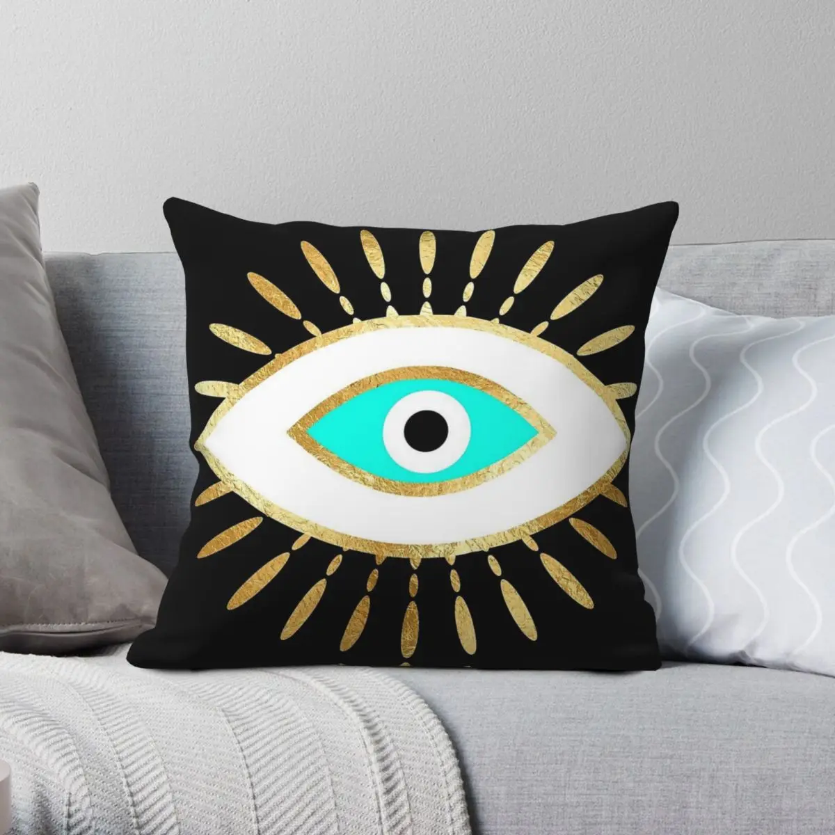 Hamsa Evil Eye Gold Foil Square Pillowcase Polyester Linen Velvet Pattern Zip Decor Pillow Case Home Cushion Case