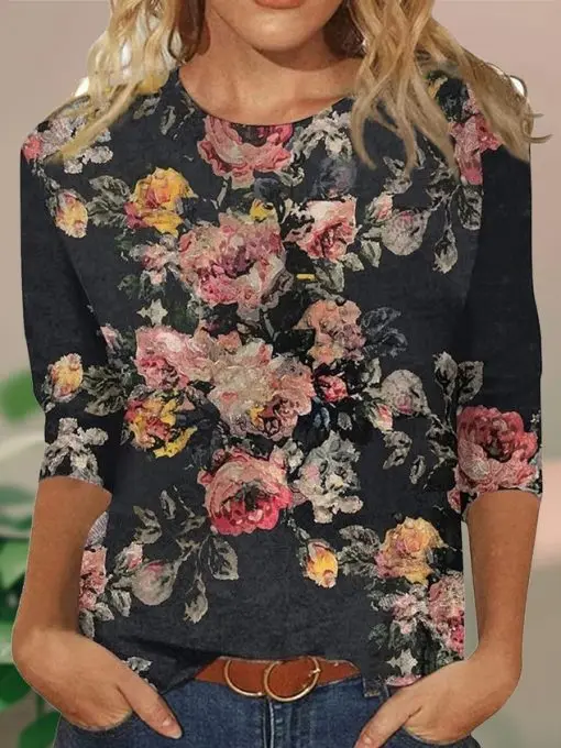 Women's T-shirt 3d print vintage floral print casual long sleeve round neck regular tops daily print pink, spring and autumn