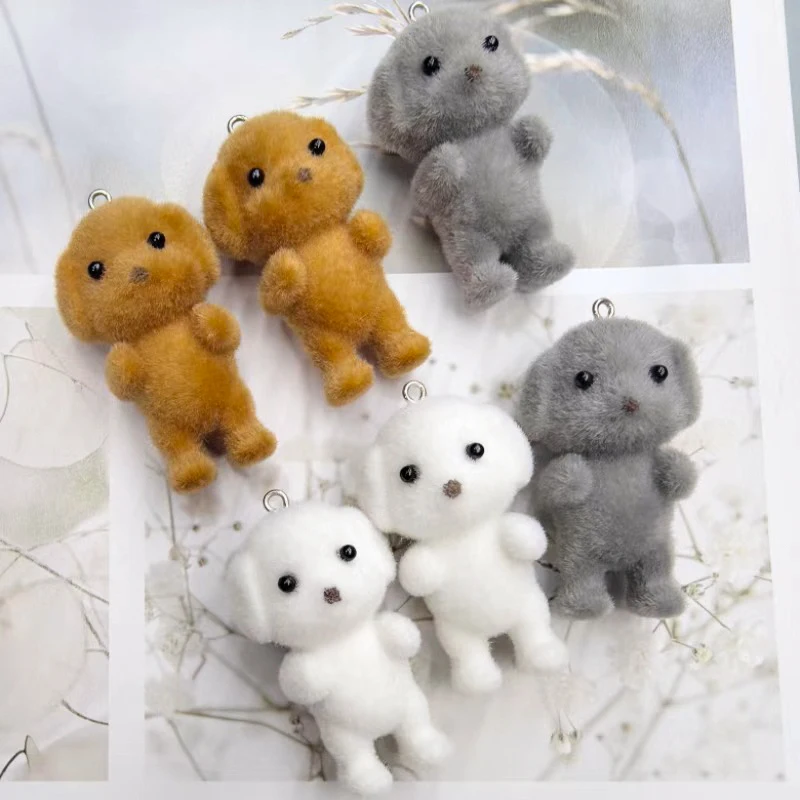 20Pcs 3D Cartoon Flocking Resin Charms Plush Animal Dog Doll Pendant For Keychain Earring DIY Crafts Jewelry Make Accessories