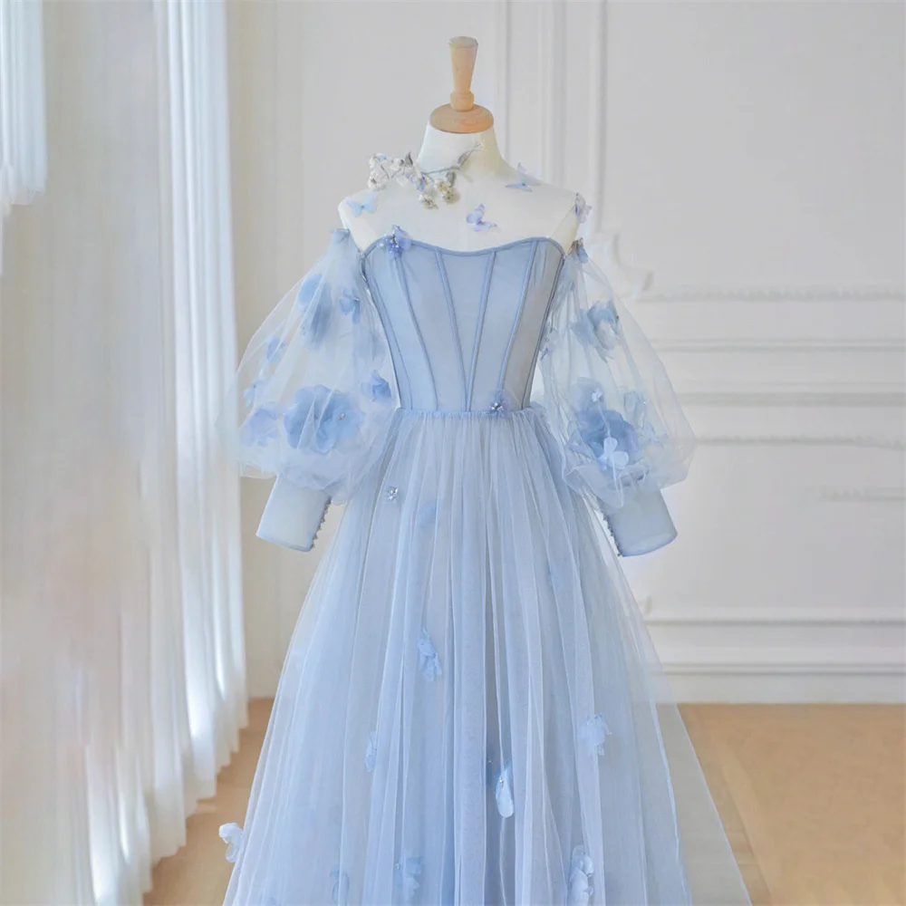 Lily Sky gaun pesta, gaun pesta Tulle lengan panjang warna biru, gaun selebriti A-Line dengan Applique