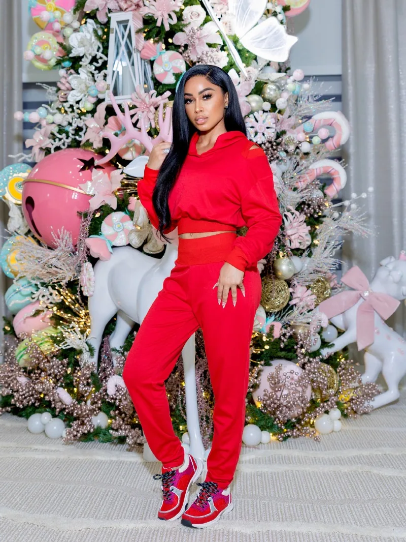 

Women Solid Tracksuits Casual 2 Piece Set Cold Shoulder Long Sleeve Pullover Hoodies Crop Tops + Sweatpants Streetwear Suits