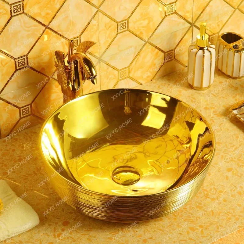 New Golden Wash Basin Ceramic Table Basin Rectangular Oval Washbasin Gold Plated Inter-Platform Basin Wash Basin Bathroom