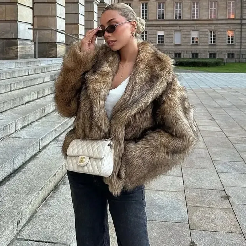 

Tuularose Elegant Brown Fluffy Faux Fur Thicken Jacket Chic Female Lapel Long Sleeves Overcoats Autumn Winter Lady Streetwear