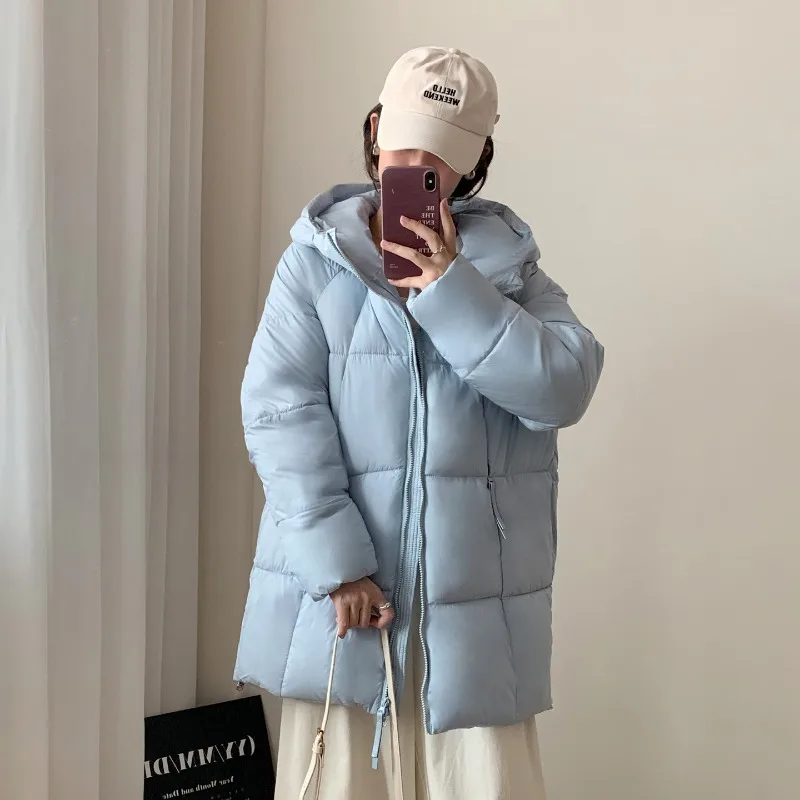 Winter Thick Women Hooded Mid Long Puffer Coat Zipper Soft Loose Fit Quilted Zip Pocket Drawstring Hem Warm Casual Jacket Trend
