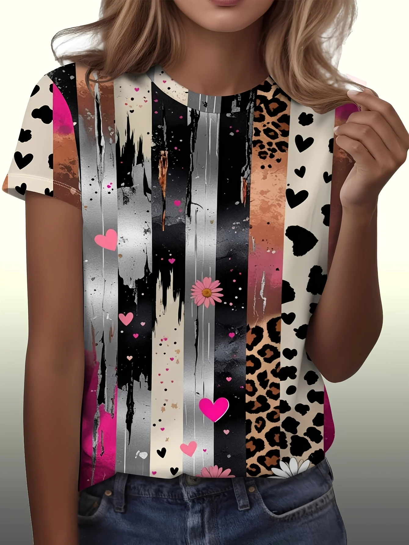 Women T‑shirt Short Sleeve Patchwork Leopard Heart Daisy Brush Stroke Graphic Print O‑neck Casual Daily Summer Fashion Tee Top