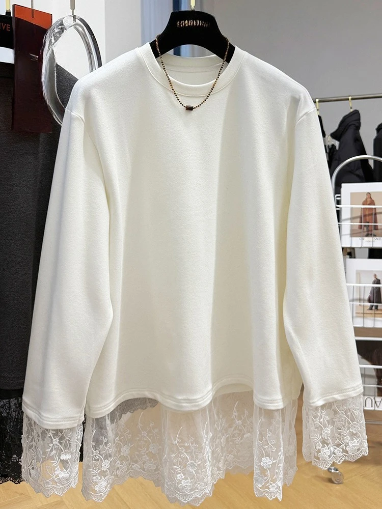 تي شيرت متطور مزين بالدانتيل بلون سادة وأكمام طويلة لربيع وخريف جديد في ملابس نسائية فضفاضة عصرية #5