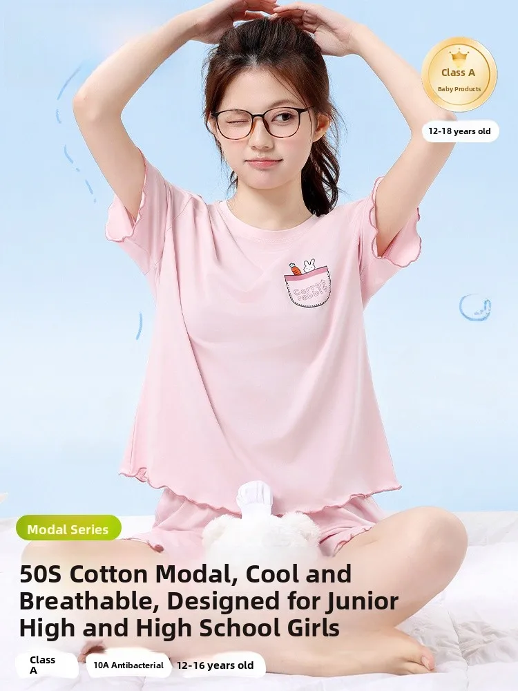 teenage-girls'-summer-sleepwear-set-short-sleeve-modal-cotton-home-clothes-soft-round-neck-loose-fit-suitable-for-outdoor